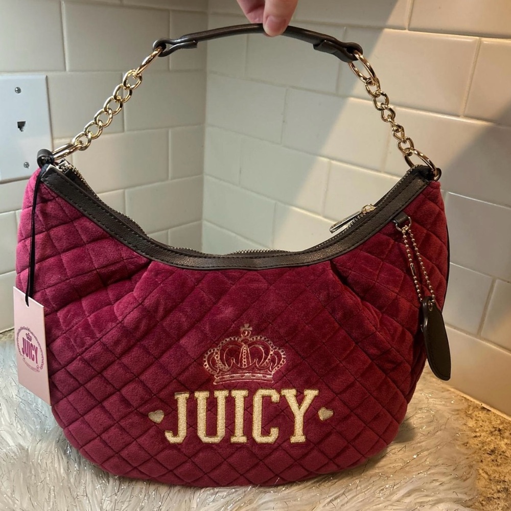 Juicy Couture Bag Purse Burgundy Velvet Quilted Shoulder Bag